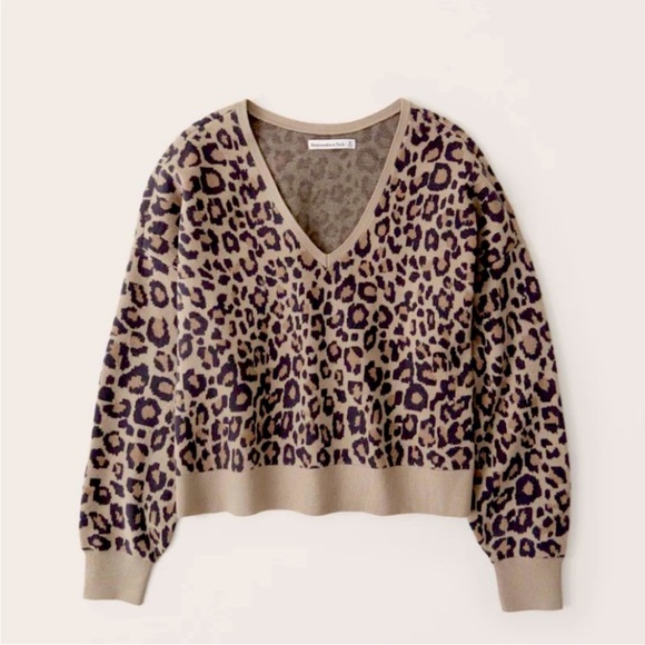 Abercrombie & Fitch Leopard Print V-Neck Sweater XS Tan Black Animal Print - Picture 3 of 12